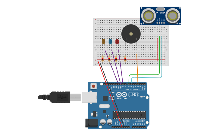 Circuit design ultra sonic sensor - Tinkercad