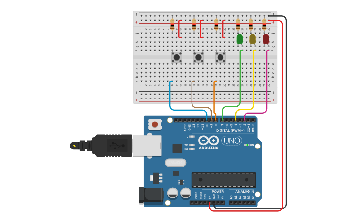 Circuit design Led y Pulsadores - Tinkercad