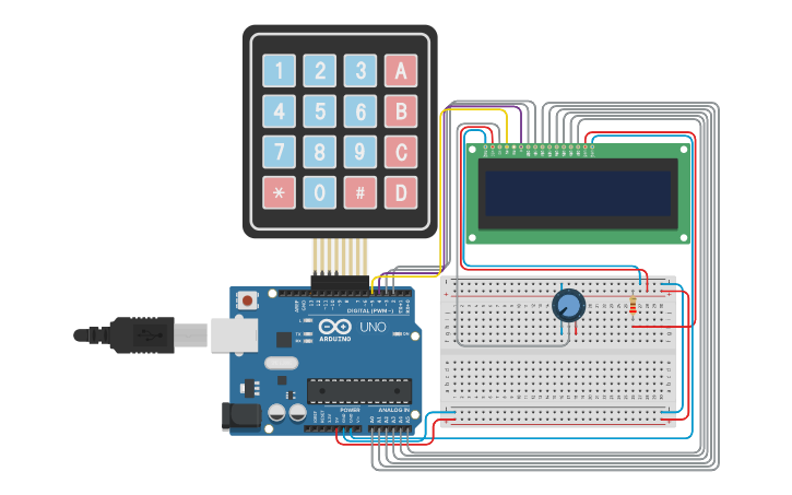 Circuit design Calculator - Keypad and LCD without library - Tinkercad