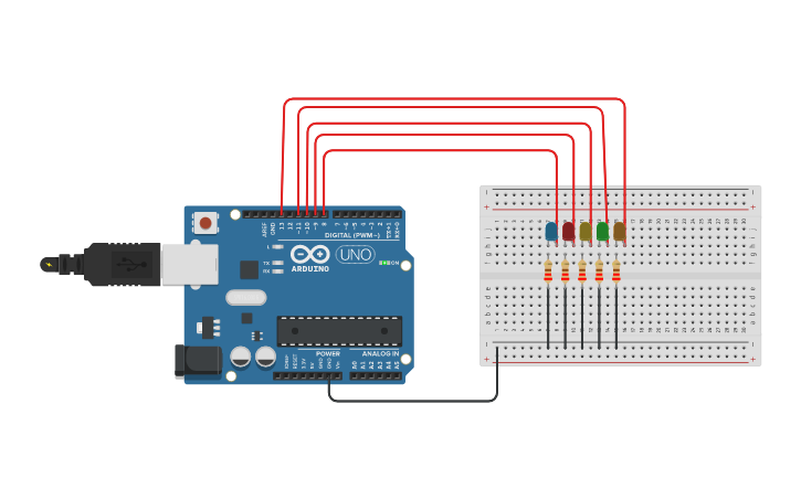 Circuit design ArdiUno: Chapter 3 Five Blink Led - Tinkercad