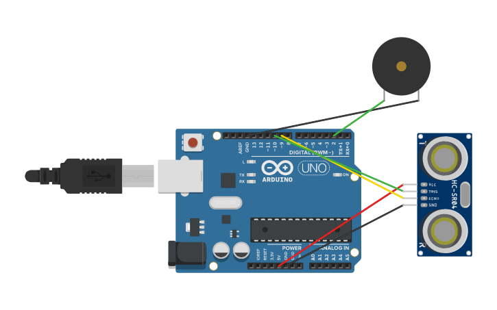 Circuit design ultrasonic distance sensor ft. buzzer - Tinkercad