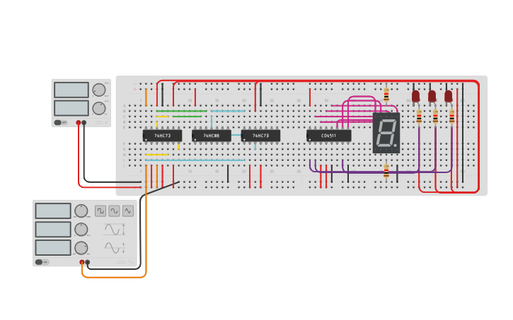 Circuit design 3 bit Synchronous UP counter - Tinkercad