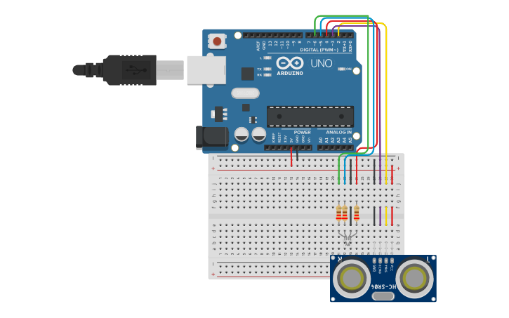 Circuit design Ultrasonic Sensor with RGB LED - Tinkercad