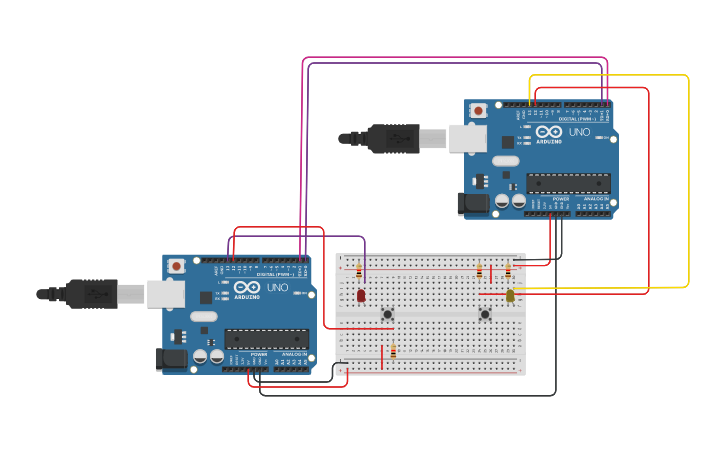 Circuit design Serial Communication of 2 Arduino LED - Tinkercad
