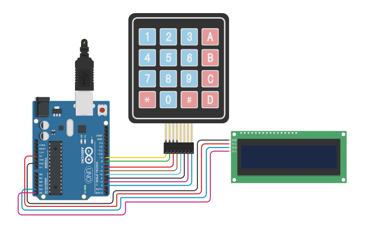 Circuit design Interfacing 16x2 LCD (I2C) and Keypad wiht Arduino ...