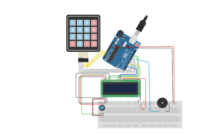 Circuit design Calculator KeyPad with buzzer and LCD - Tinkercad