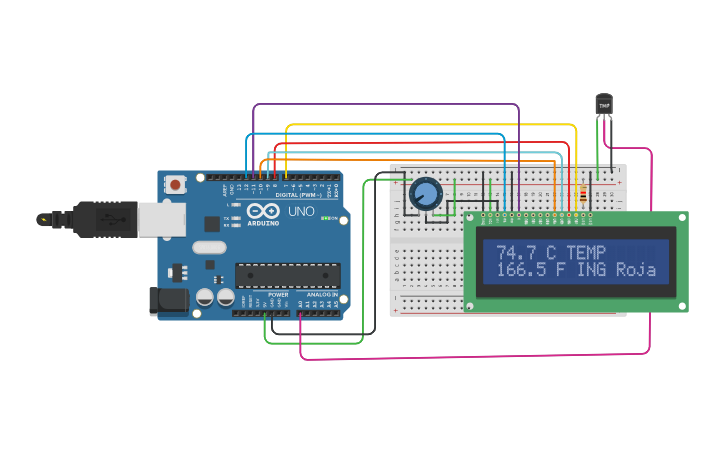 Circuit design Arduino sensor de temperatura lm35 y lcd 16x2 - Tinkercad