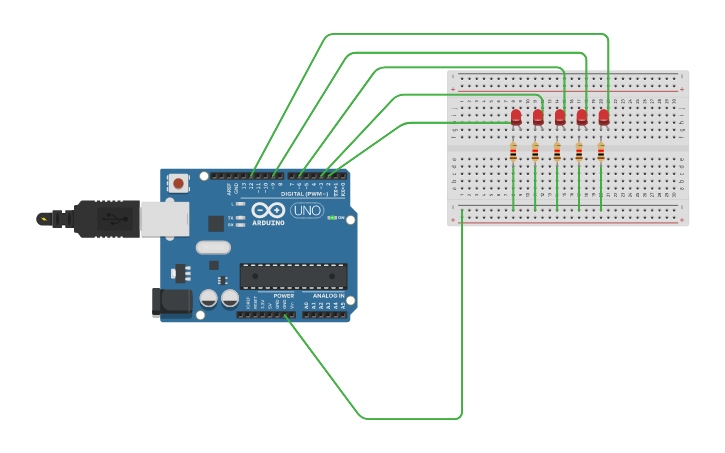 Circuit design 5 LED - Tinkercad