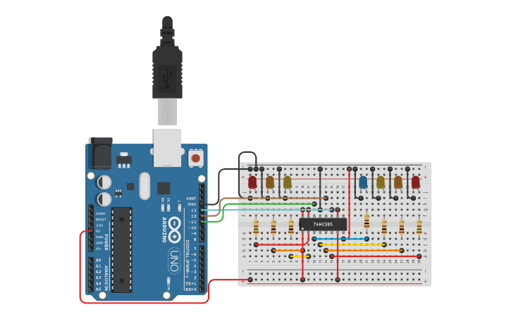 Circuit design Shift Register And Leds - Tinkercad