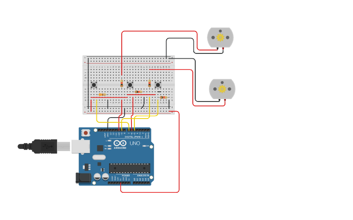 Circuit design Circuito de 2 Motores con 3 Pulsador - Tinkercad