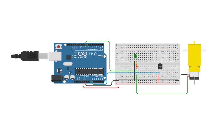 Circuit design LM35 - LED - MOTOR - Tinkercad