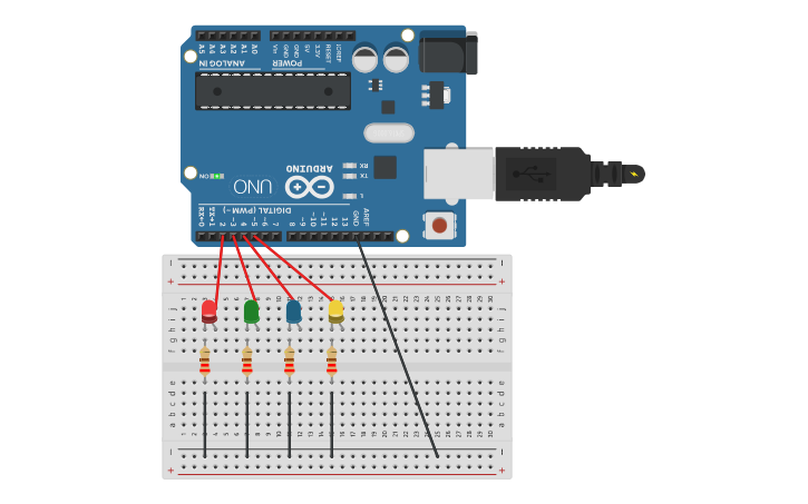 Circuit design arduino 4 leds - Tinkercad