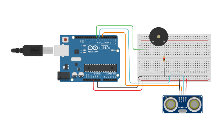 Circuit design ultrasonic distance sensor with buzzer alert - Tinkercad