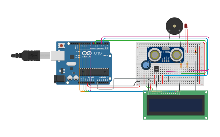 Circuit design ultrasonic and temp sensor lcd - Tinkercad