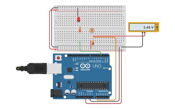 Circuit design Lighting up LED using Photoresistor - Tinkercad