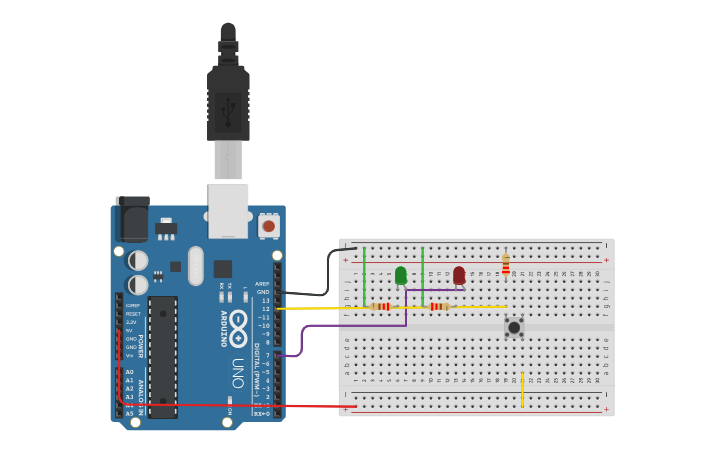 Circuit design Final de Control 2 Led/Pulsador - Tinkercad
