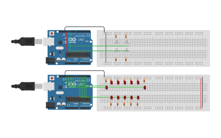 Circuit design 2 secuencias Led // 2 placas - Tinkercad