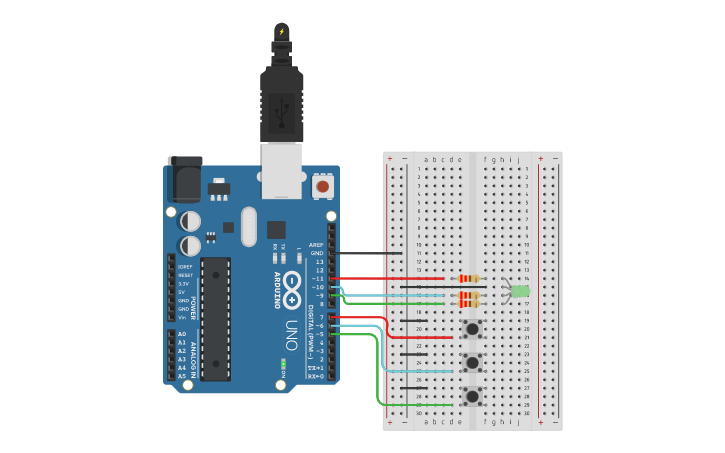 Circuit design LED RGB con botones - Tinkercad