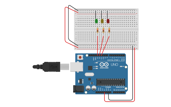 Circuit design Tres LEDs - Tinkercad