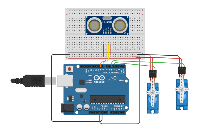 Circuit design servo and ultrasonic sensor - Tinkercad