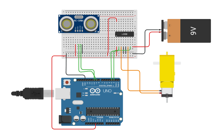 Circuit design dc motor- distance sensor - Tinkercad