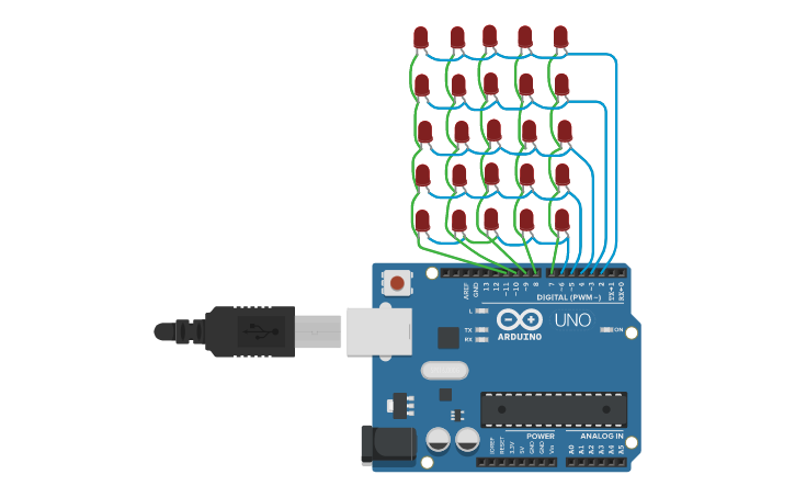 Programming 5x5 Led Matrix Circuit design 5x5LED matrix, disp A or B - Tinkercad