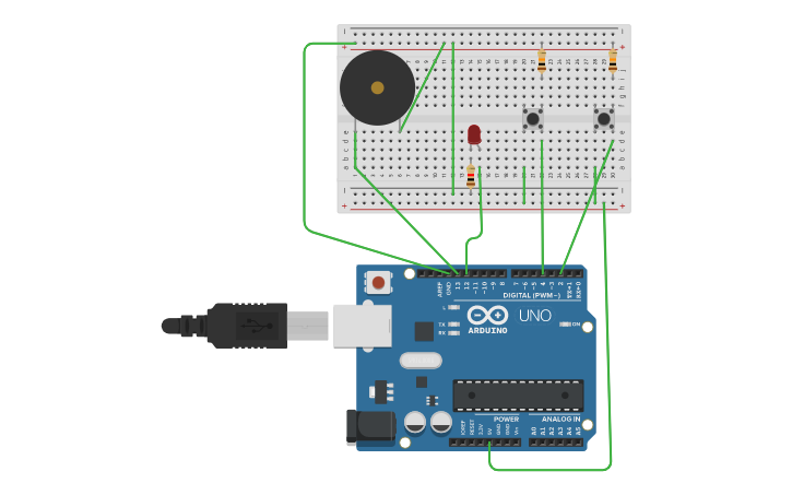 Circuit design dos pulsadores un zumbador y un led - Tinkercad
