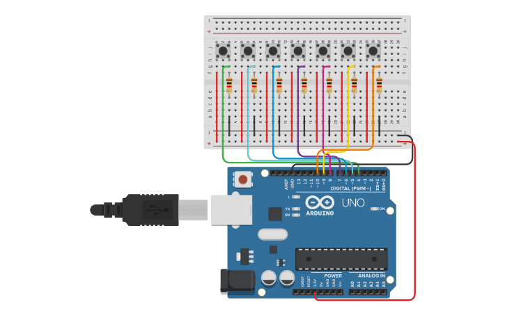 Circuit design 6 push button keyboard wiring - Tinkercad