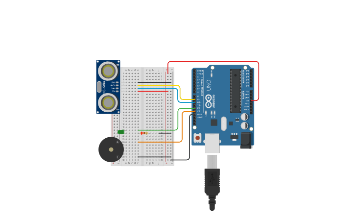 Circuit design Ultrasonic distance alarm system - HC SR04 - Tinkercad