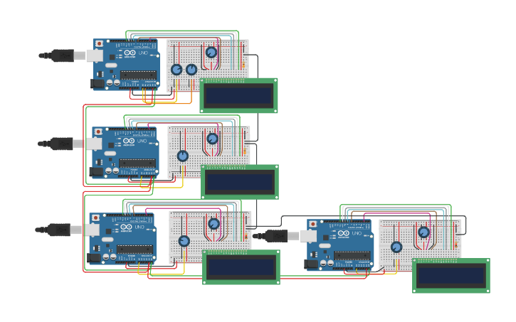 Circuit design i2c 4arduinos - Tinkercad