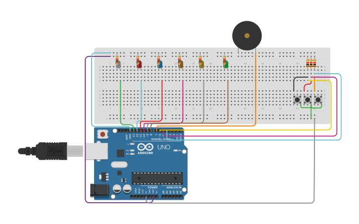 Circuit design 3 pulsadores 6 leds 1 piezo - Tinkercad