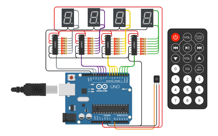 Circuit design Clock - 7 Segment Display + IR - Tinkercad
