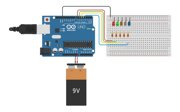 Circuit design 5 led sequence - Tinkercad
