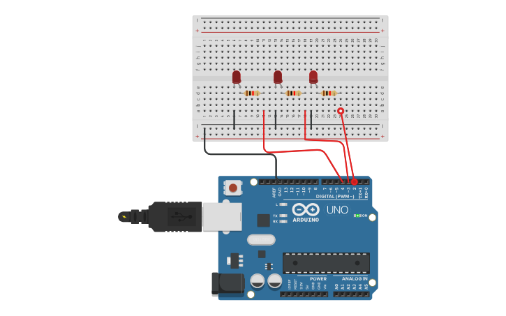 Circuit design pràctica 2. 3 leds - Tinkercad