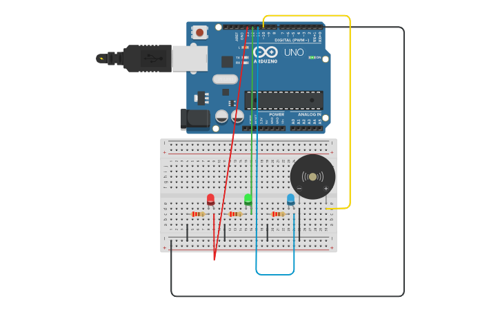 Circuit design TASK 1- 3 LED LIGHTS ON/OFF - Tinkercad