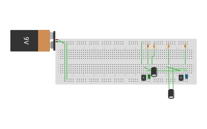 Circuit design Flashing LED using Transistor - Tinkercad