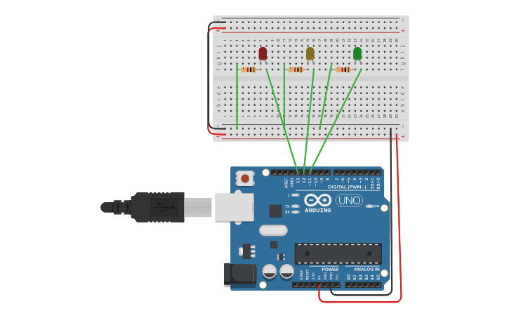 Circuit design 3 leds in a circuit - Tinkercad