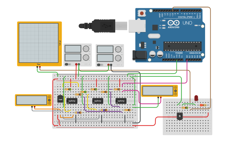 Circuit design LM35 + Sign Cond + PWM LED - Tinkercad