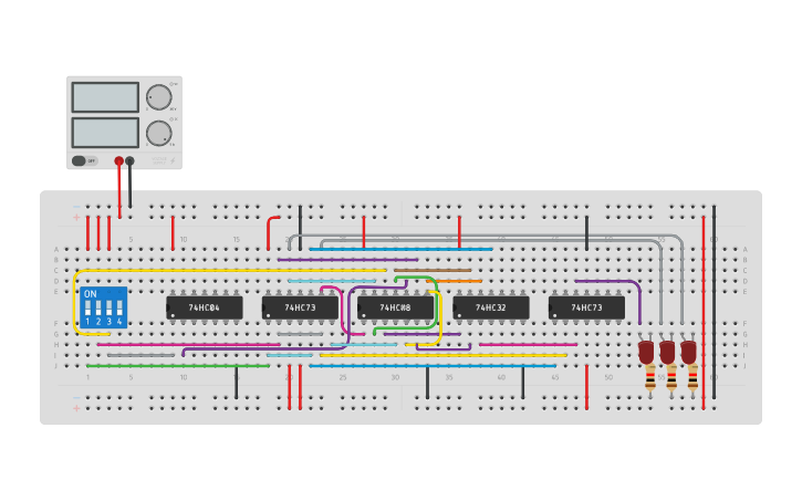 Circuit design Synchronous 3 bit up down Counter - Tinkercad