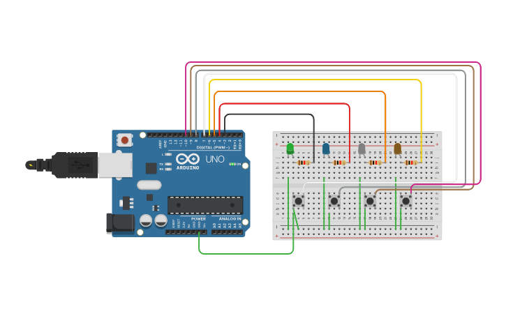 Circuit design 4 LED and 4 Button - Tinkercad