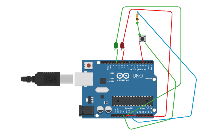 Circuit design LED Lights with button - Tinkercad