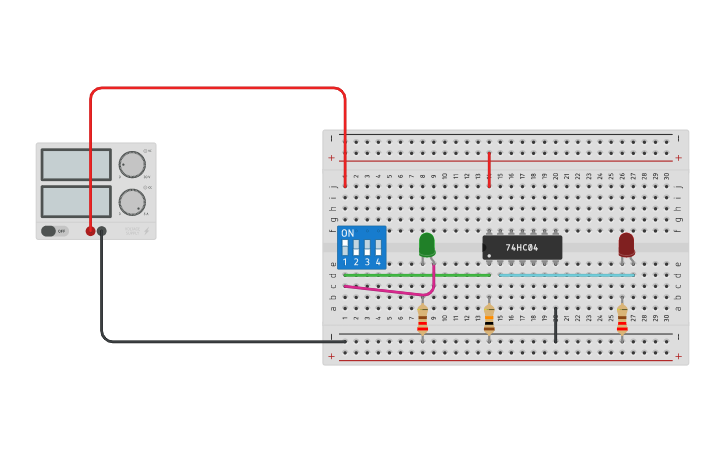 Circuit design NOT GATE 7404 - Tinkercad