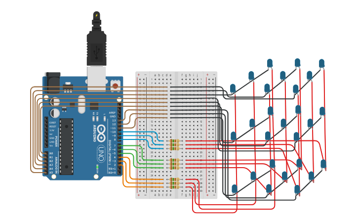 Circuit design Índices de Miller en un cubo de led de 3x3x3 - Tinkercad