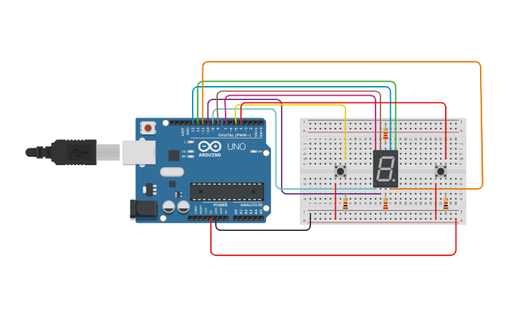 Circuit design Pulsador subir bajar display 7 segmentos - Tinkercad