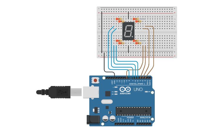 Circuit design Lab 11.2 Seven Segment display countdown - Tinkercad