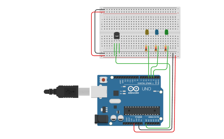 Circuit design Temperature Sensor LED indicator - Tinkercad