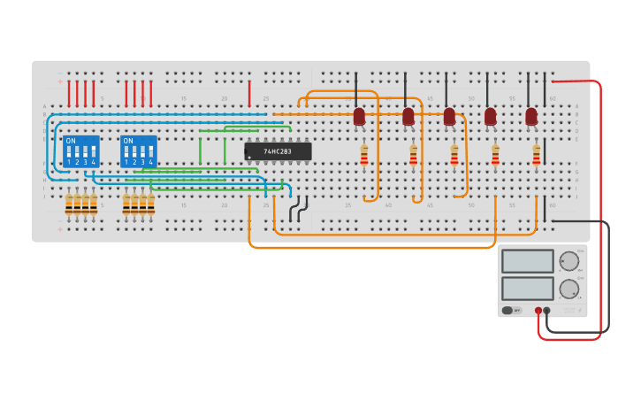 Circuit design 4 bit binary adder using 74283 - Tinkercad