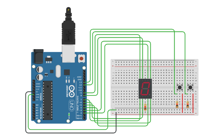 Circuit design Arduino 7 segment display counter with 2 push button UP ...