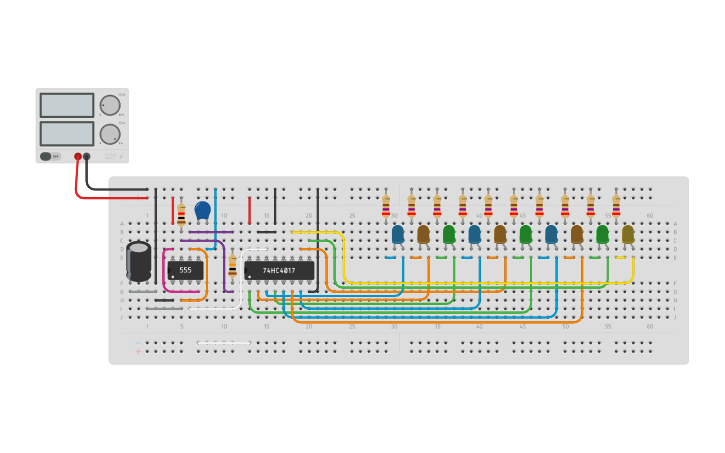 Circuit design LED Chaser using decade counter - Tinkercad