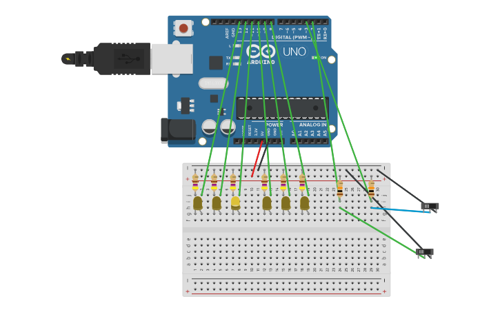 Circuit design TP 2 DOS PULSADORES - Tinkercad